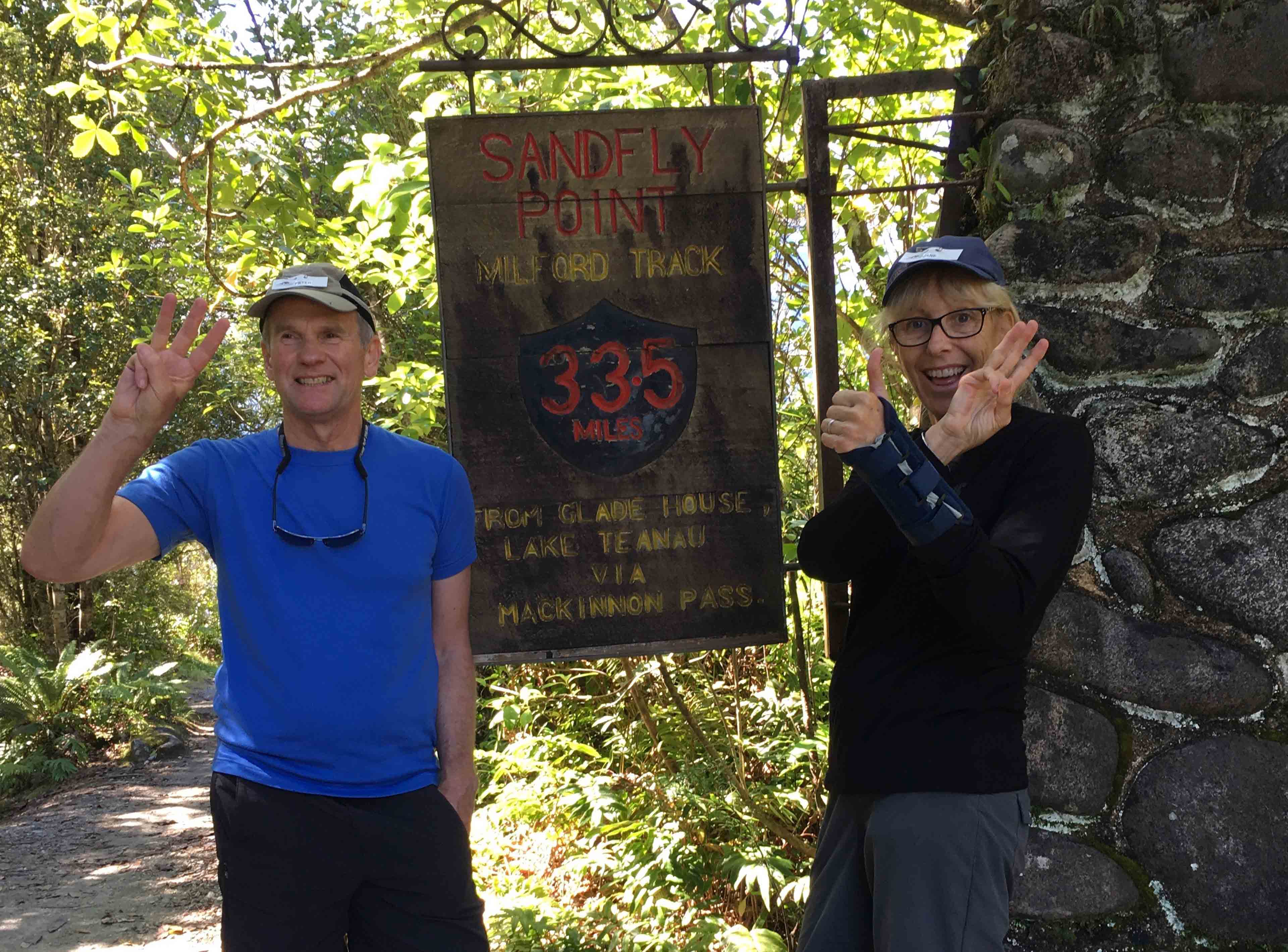 Peter and Jane finishing the Milford Track in 2017 for third time 