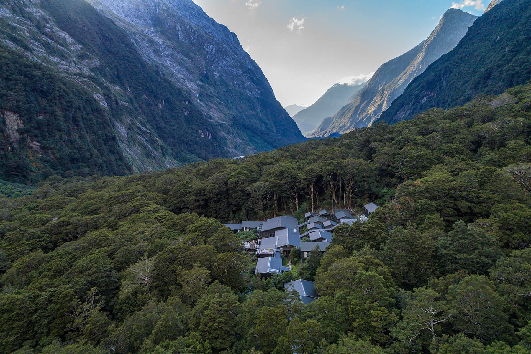 Aerial view of Pompolona Lodge - Milford Track guided walk
