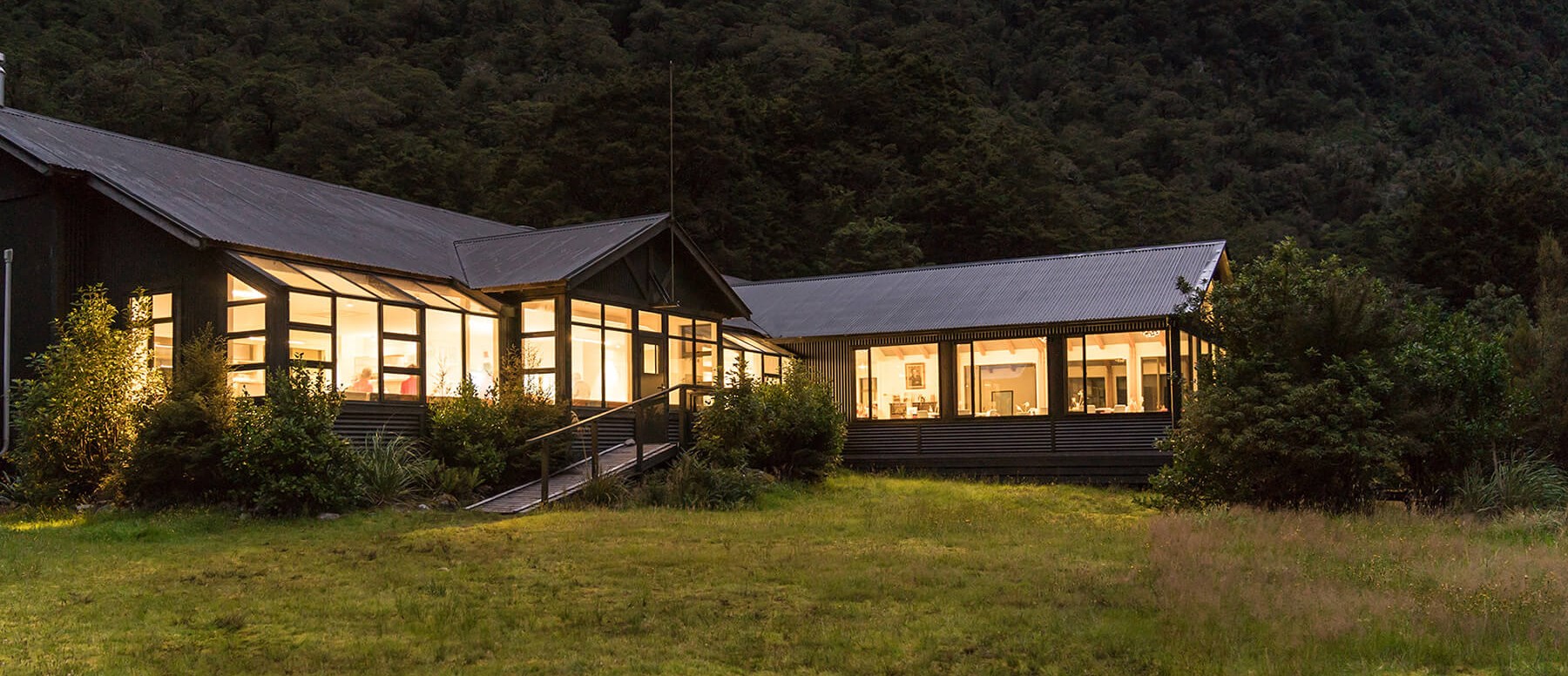 Quintin Lodge in the evening on the Milford Track guided walk